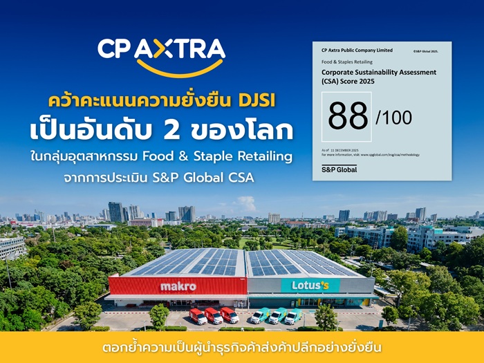 ซีพี แอ็กซ์ตร้า คว้าคะแนนความยั่งยืน DJSI 88/100 เป็นอันดับ 2 ของโลก ในกลุ่ม Food & Staples Retailing