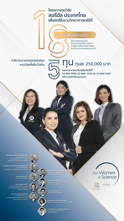 ลอรีอัล เปิดรับสมัครชิงทุนวิจัย “เพื่อสตรีในงานวิทยาศาสตร์” ครั้งที่ 18 ส่งเสริมนักวิทยาศาสตร์สตรีไทยต่อเนื่อง
